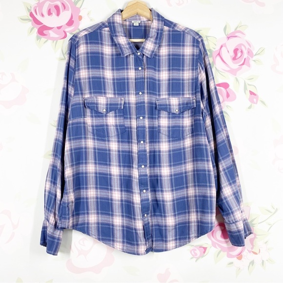 aerie Tops - AERIE Blue Pink Checkered Checks Plaid Button Down Long Sleeves Shirt XL